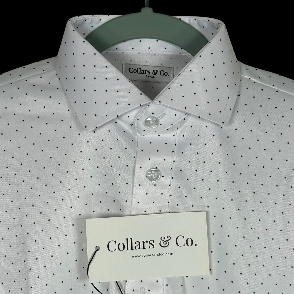 Collars & Co Polo Shirt Mens Small White Blue Polka Dot Dress Collar Preppy NWT